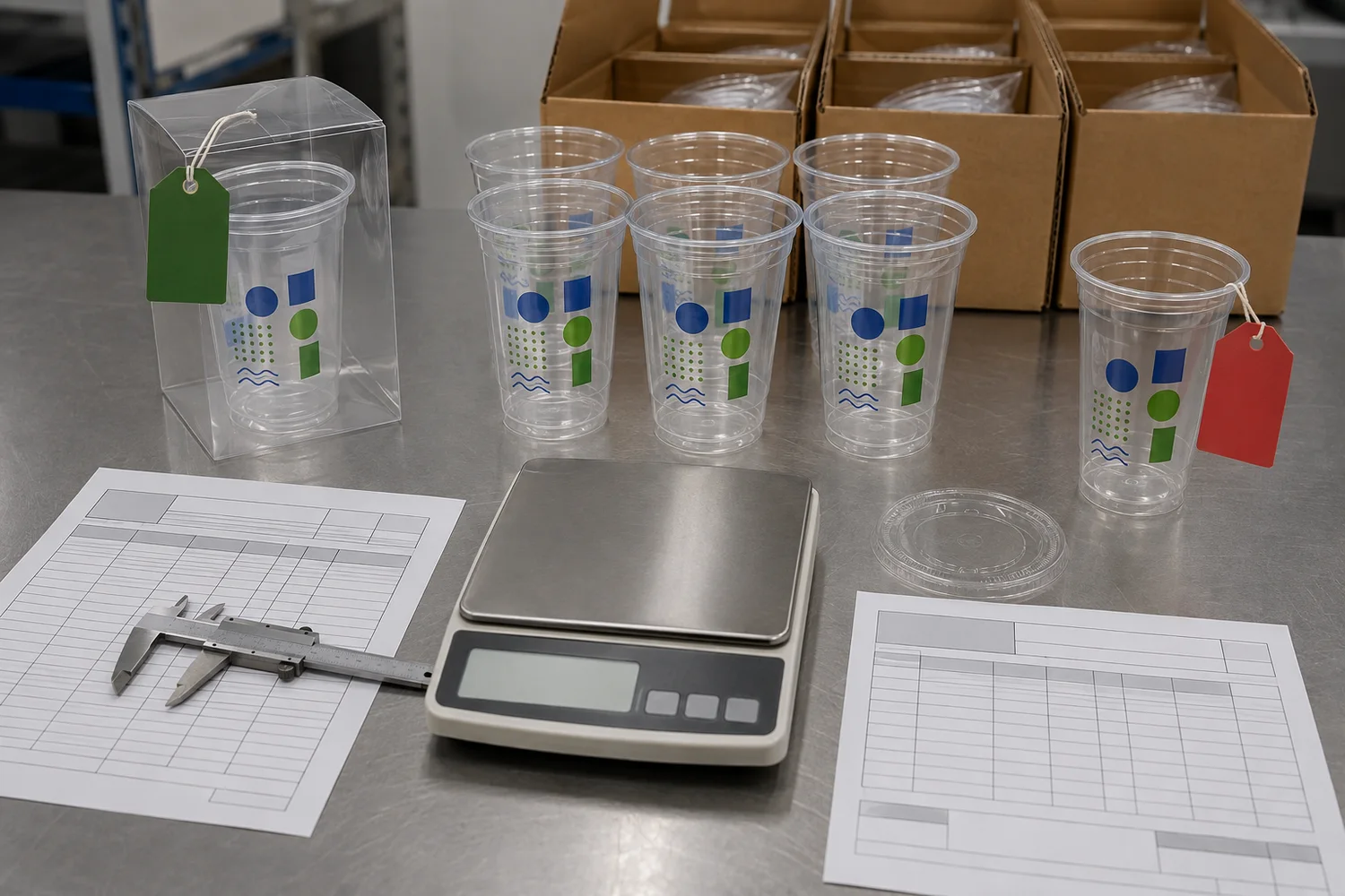 Golden plastic cup sample compared with bulk samples using specification, caliper, scale, lid and revision-controlled sample record