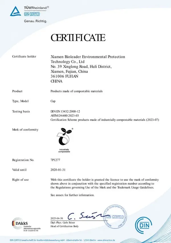 Miniatura del certificato ASTM D6400 per Bioleader Cups