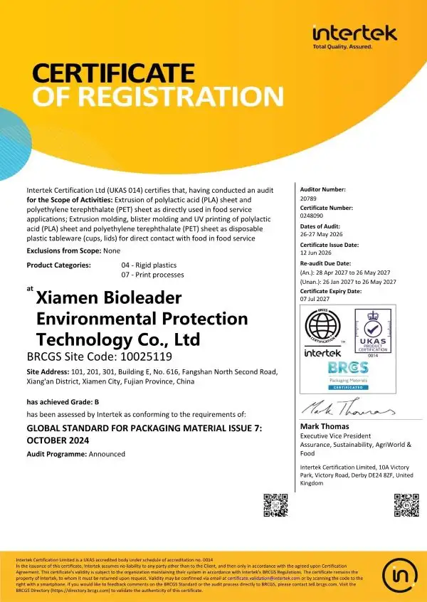 Miniatura del certificato BRCGS per Bioleader Cups