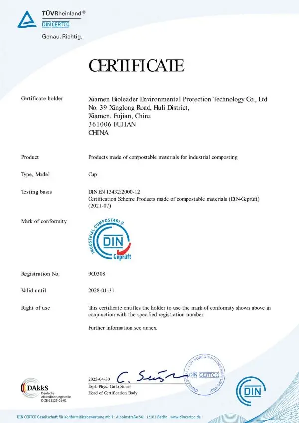 Miniatura del certificato DIN EN13432 per Bioleader Cups