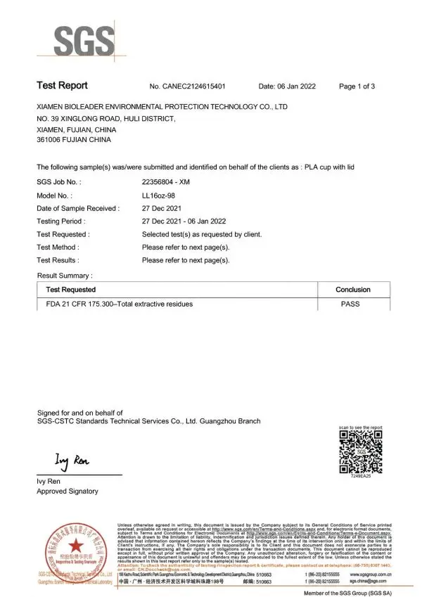 Miniatura del certificato FDA 21 CFR per Bioleader Cups