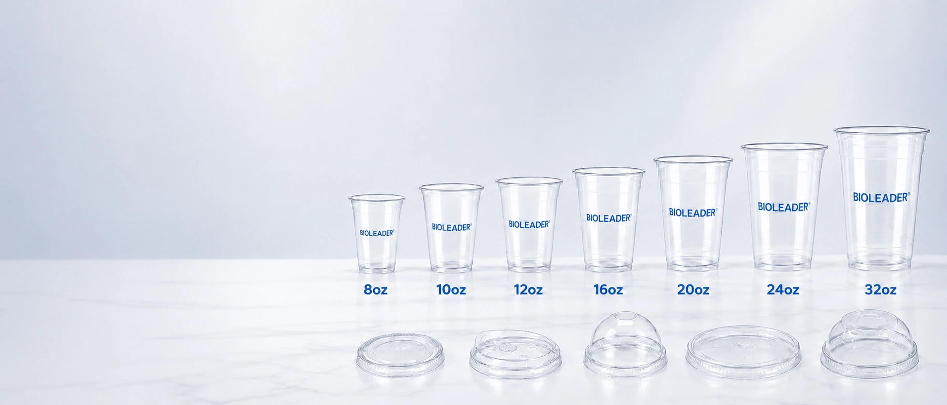Bioleader Cups clear PET disposable plastic cups with matching lids