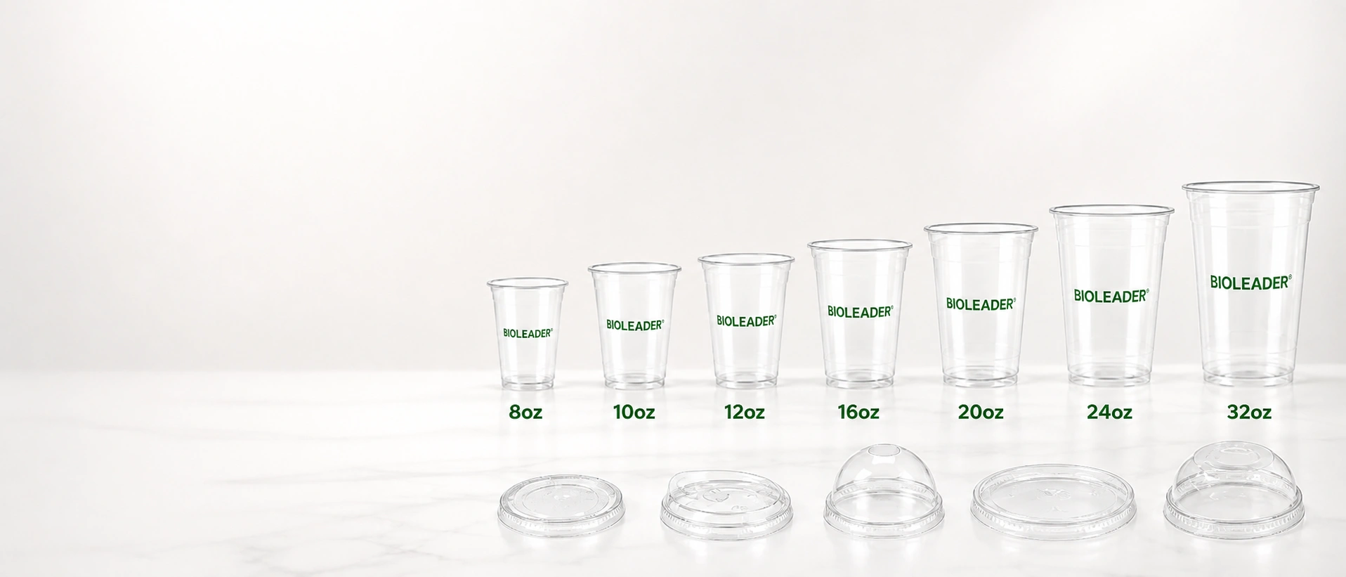Bioleader Cups PLA clear compostable plastic cups with matching lids