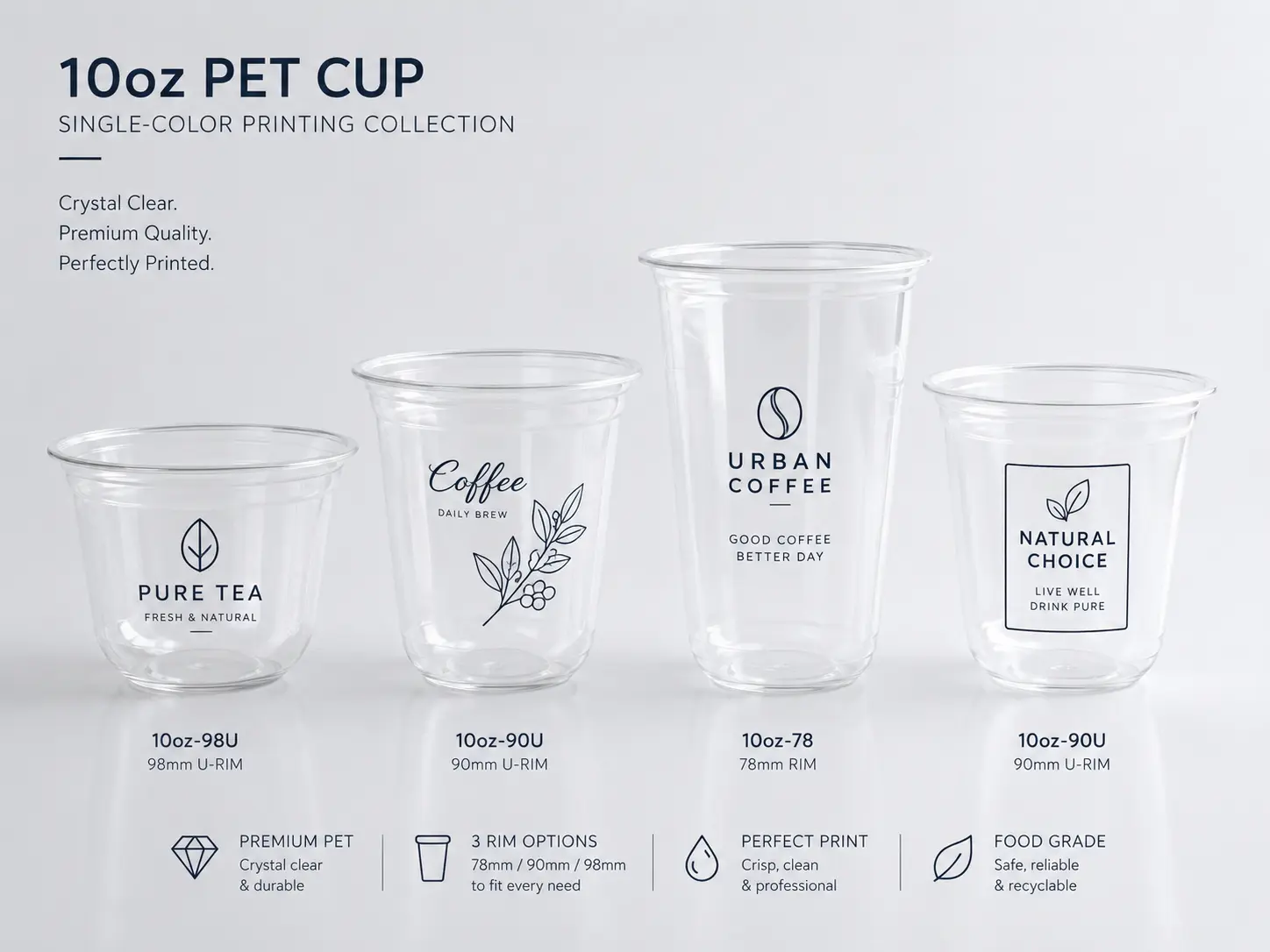 Bicchieri trasparenti PET con stampa personalizzata, disponibili in diverse dimensioni, per caffè freddo, succhi di frutta e bevande fredde