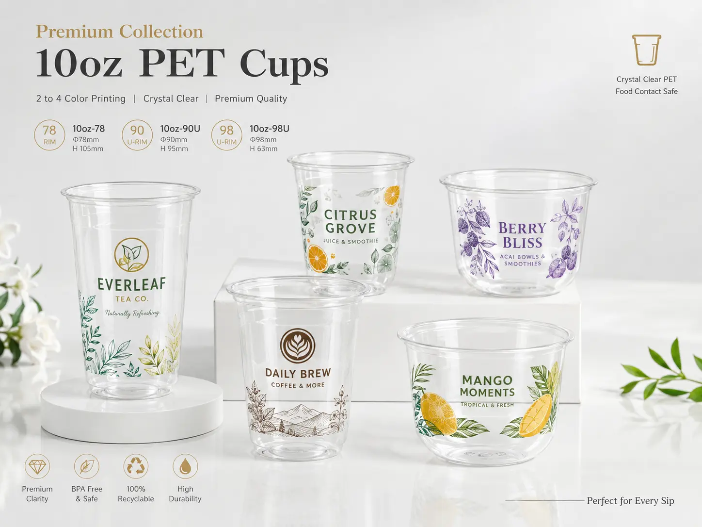 Bicchieri trasparenti PET con stampa personalizzata per il confezionamento di bevande di marca
