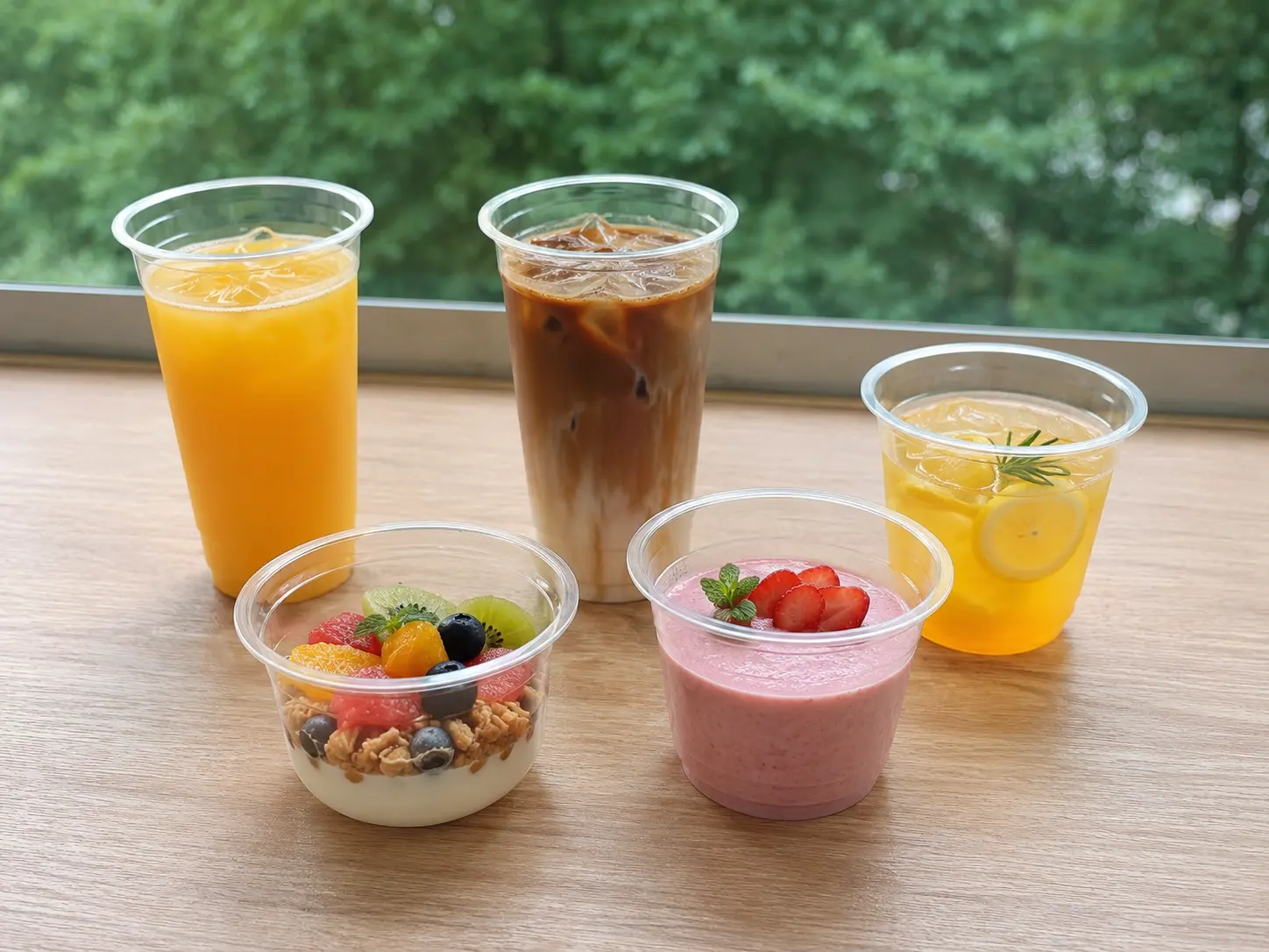 10oz clear PET bicchieri per caffè freddo, succhi, bevande fredde e applicazioni nel settore della ristorazione