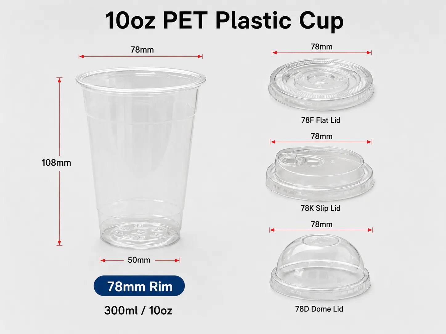 10oz 300ml clear PET disposable plastic cup with 78mm rim and matching flat sip dome lids