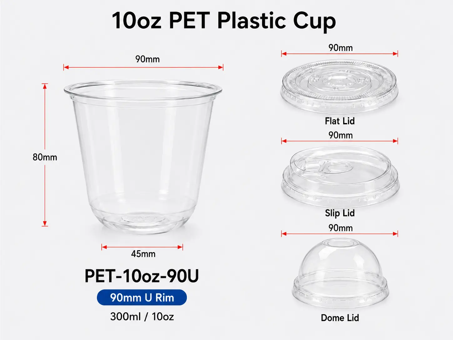 10oz 300ml trasparente PET U-rim tazza con bordo 90mm e coperchi piatti a cupola abbinati