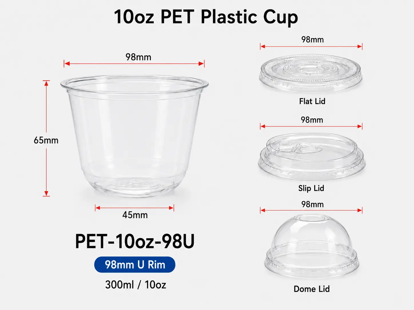 10oz 300ml trasparente PET U-rim tazza con bordo 98mm e coperchi piatti a cupola abbinati