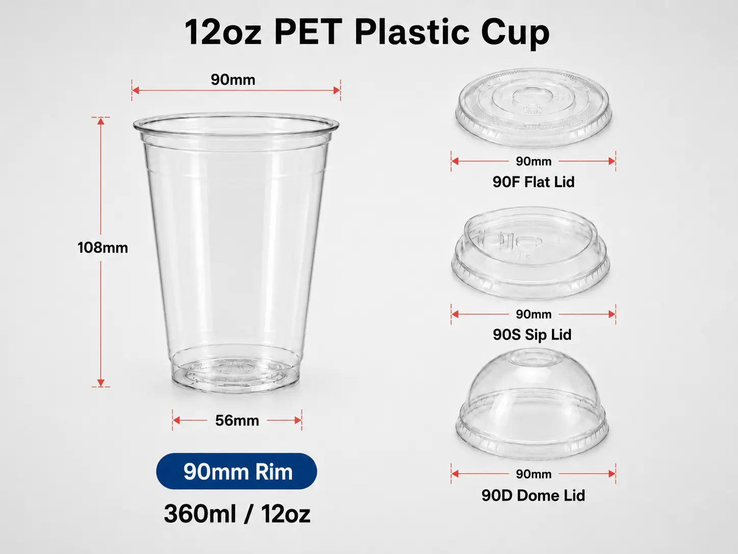 12oz 360ml clear PET disposable plastic cup with 90mm rim for cold drinks and takeaway packaging