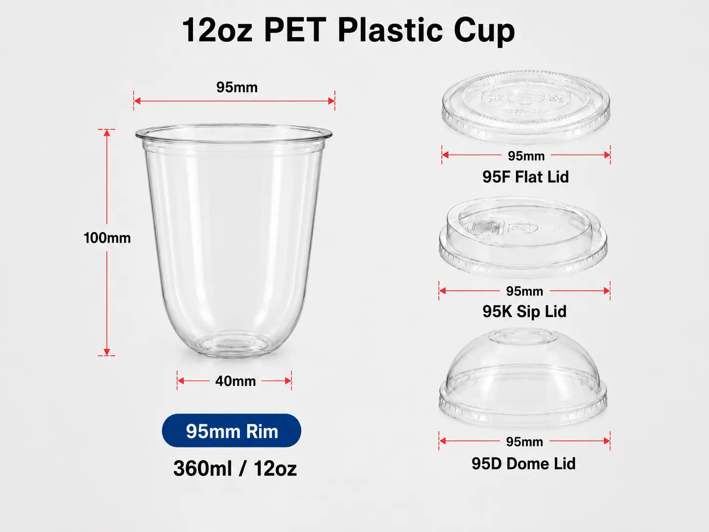 12oz 360ml U-shape trasparente PET tazza con bordo 95mm per dessert e bevande fredde