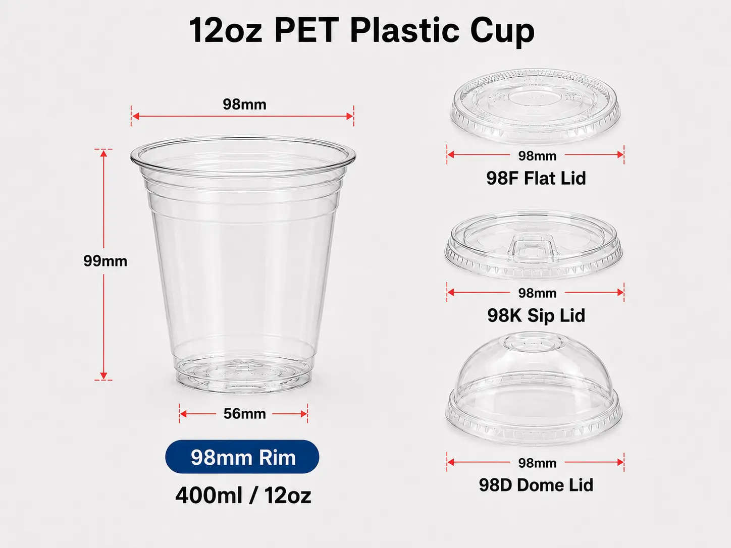 12oz 400ml bicchiere di plastica trasparente PET con bordo 98mm e coperchio abbinato (varianti disponibili)