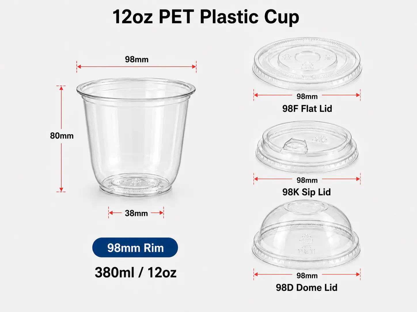 12oz 380ml U-shape trasparente PET tazza con bordo 98mm per dessert e bevande fredde