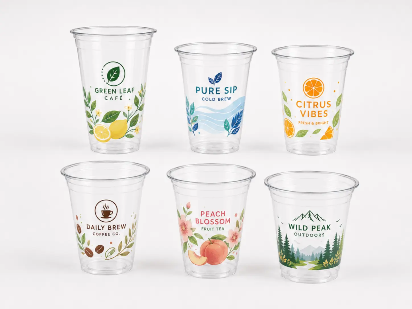 Gobelets transparents PET personnalisés, avec différentes options d'emballage pour boissons fraîches à l'effigie de votre marque