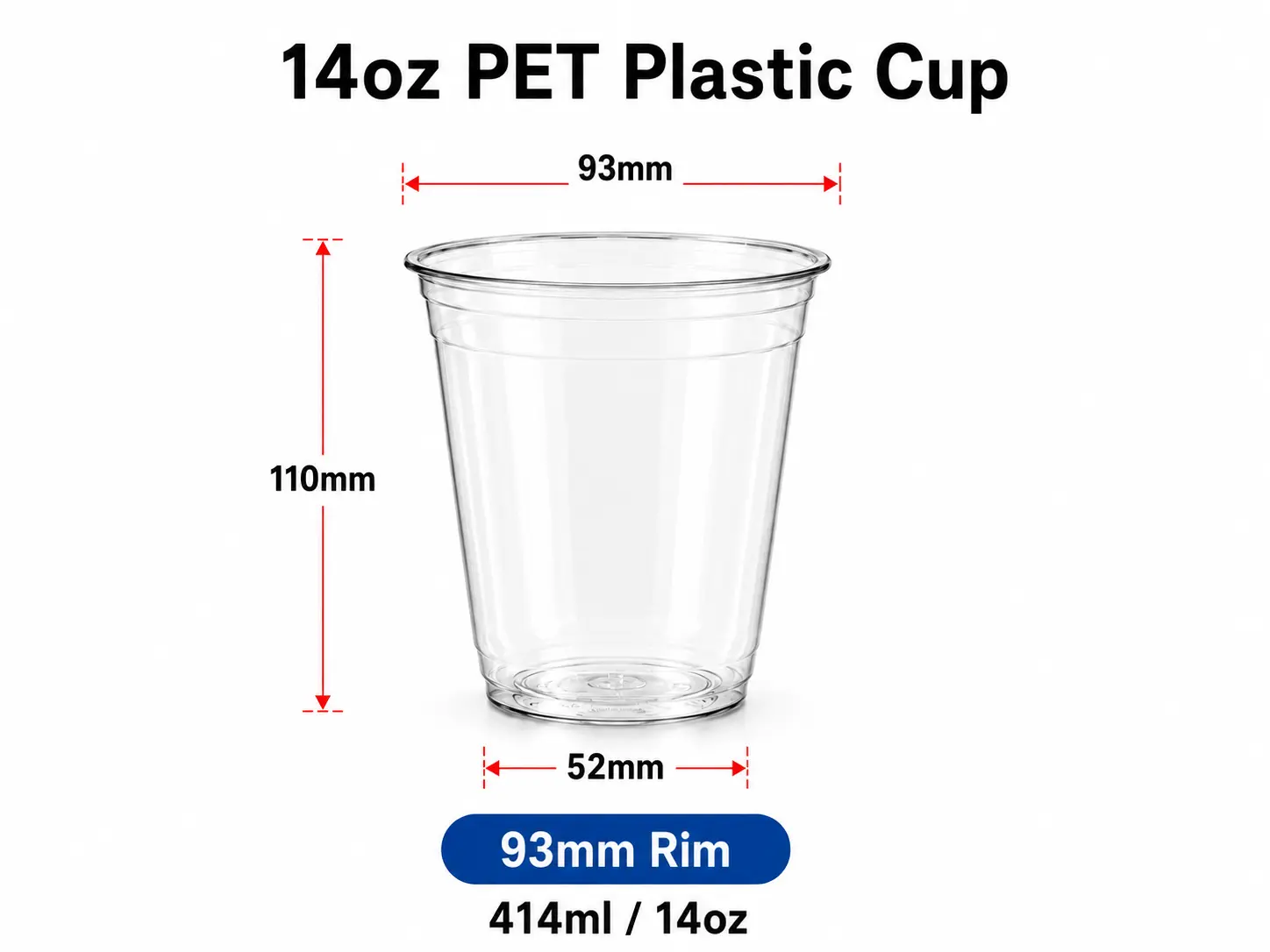 14oz 414ml gobelet en plastique jetable transparent PET avec rebord 93mm, destiné aux boissons glacées et au conditionnement de boissons froides