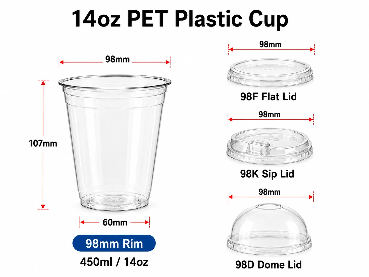 14oz 450ml gobelet en plastique jetable transparent PET, disponible avec un couvercle plat 98mm ou bombé