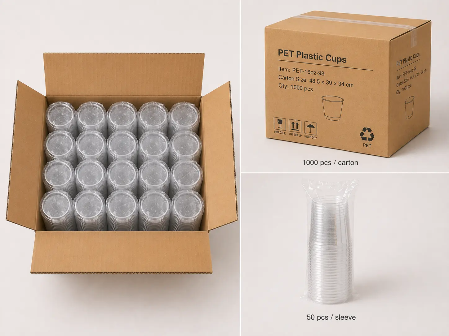 16oz PET Cups – Kartonverpackung und Exportverpackung – Ausstellung