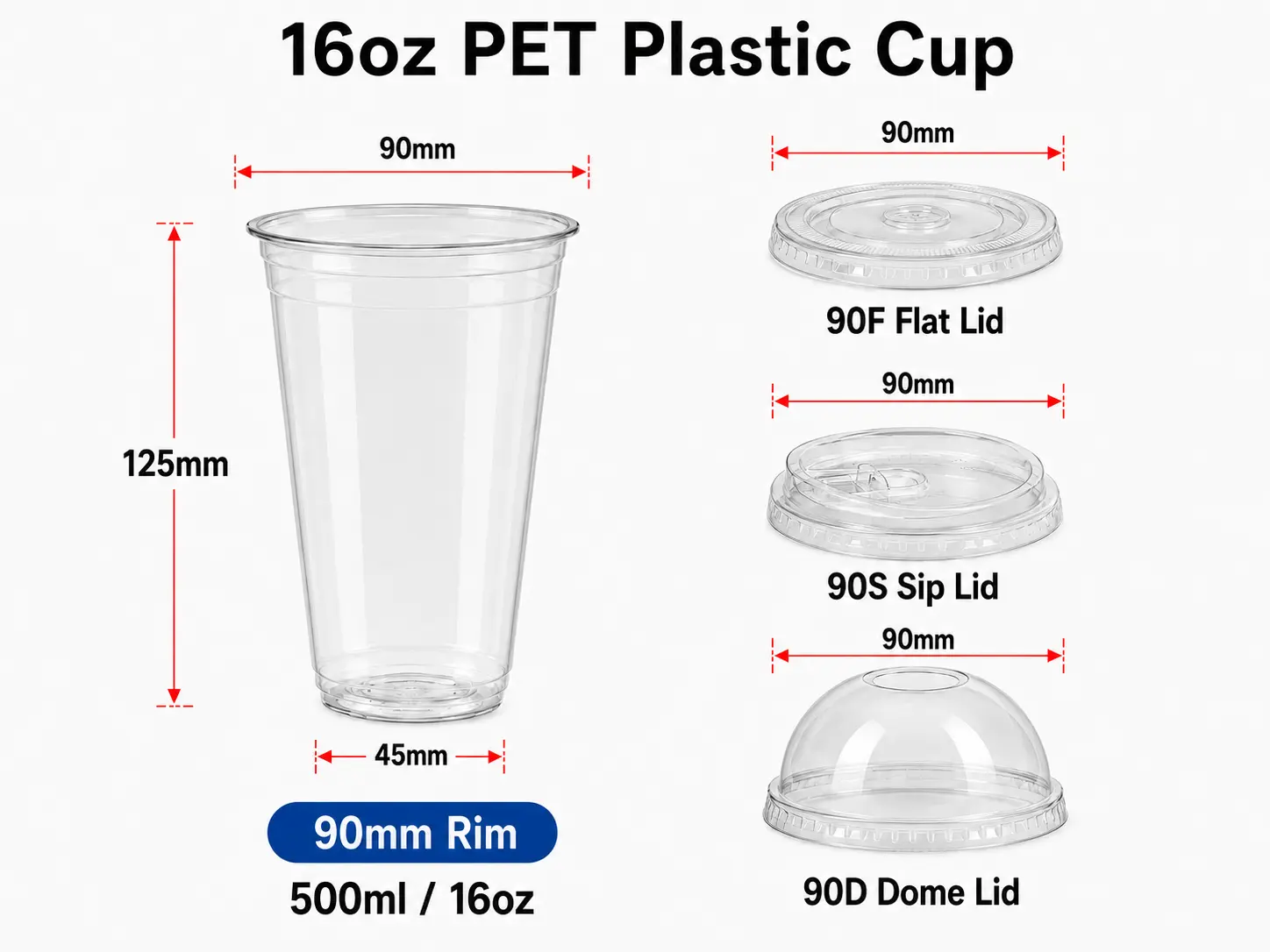 16oz 500ml durchsichtiger PET Plastikbecher mit den Optionen 90mm flacher Trinkrand und gewölbter Deckel