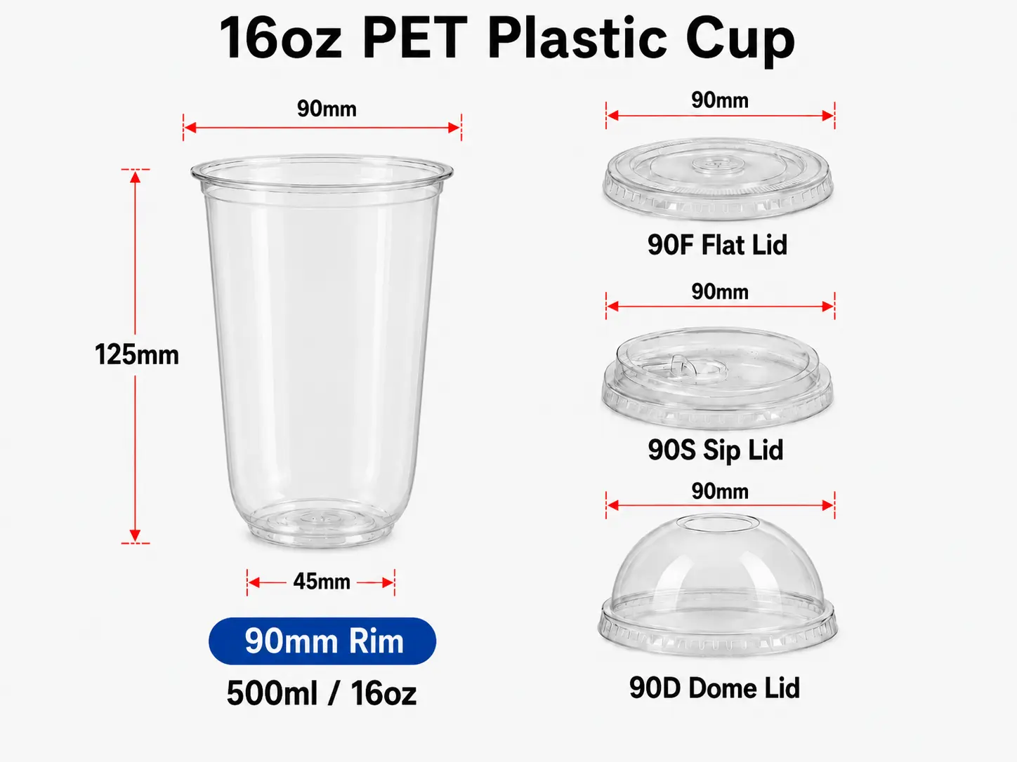 16oz 500ml U-shape durchsichtiger PET Plastikbecher mit den Optionen 90mm flacher Trinkrand und gewölbter Deckel