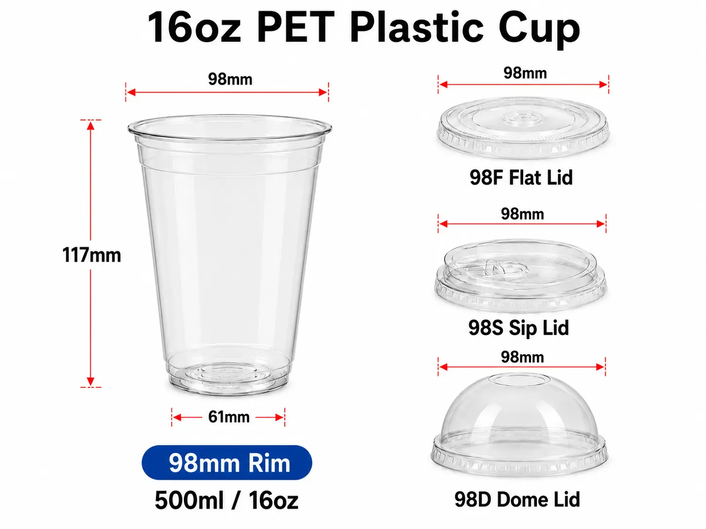 16oz 500ml durchsichtiger PET Plastikbecher mit den Optionen 98mm flacher Trinkrand und gewölbter Deckel