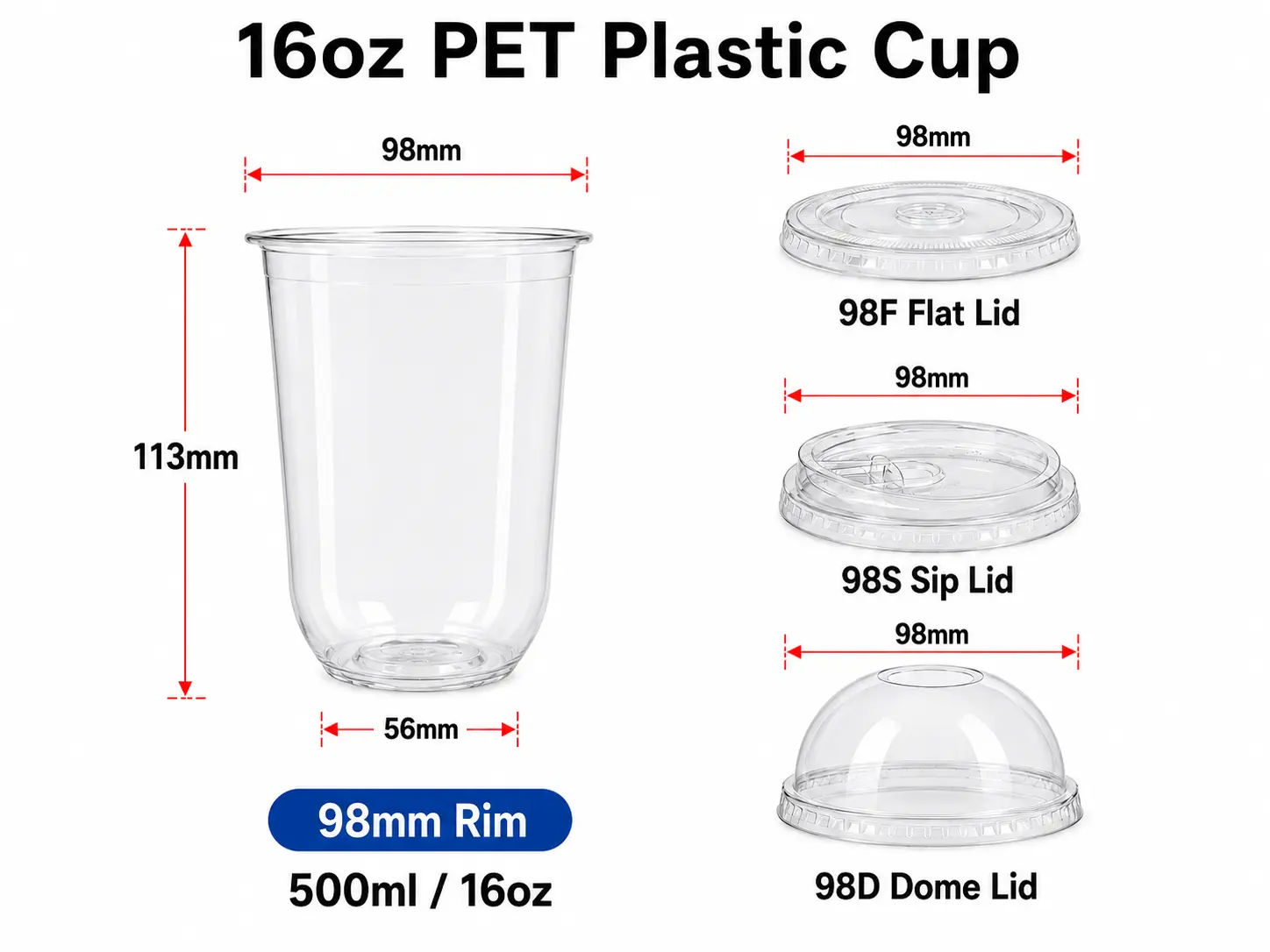 16oz 500ml U-shape durchsichtiger PET Plastikbecher mit verschiedenen 98mm Deckeln