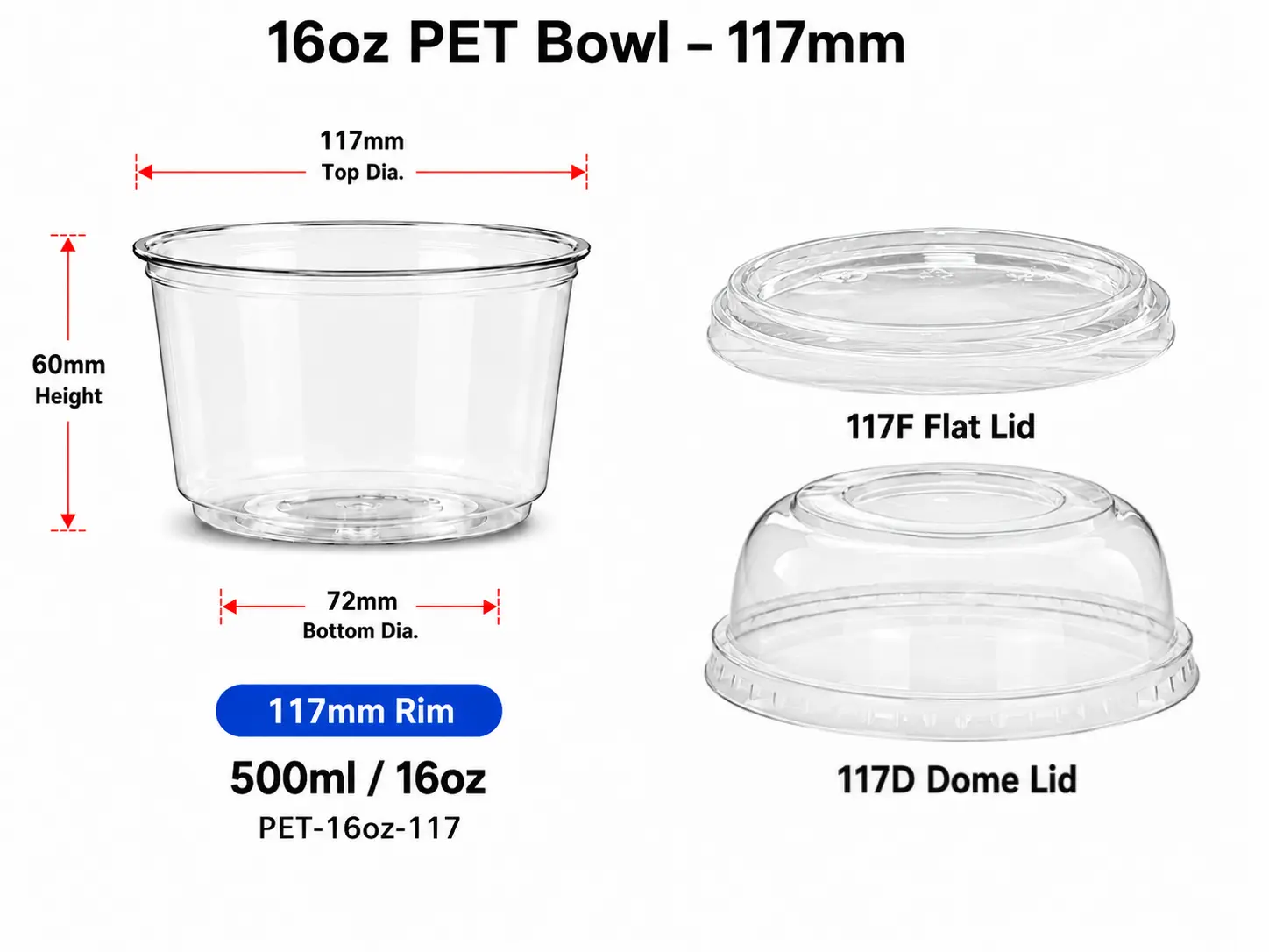 16oz 500ml durchsichtige Schale mit breiter Öffnung PET Schale mit wahlweise flachem oder gewölbtem Deckel 117mm