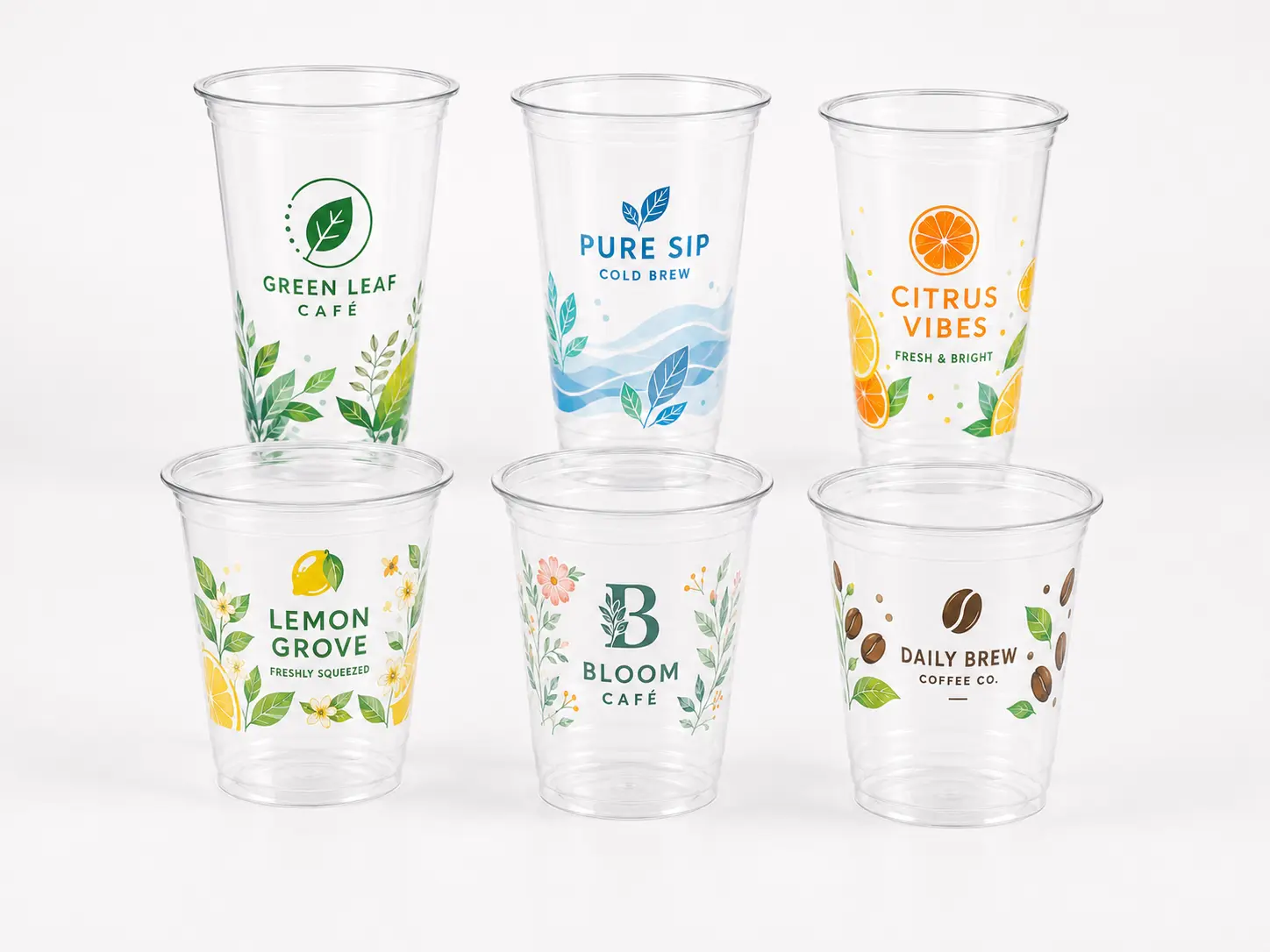 Gobelets transparents PET personnalisés, avec différentes options d'emballage pour boissons fraîches à l'effigie de votre marque