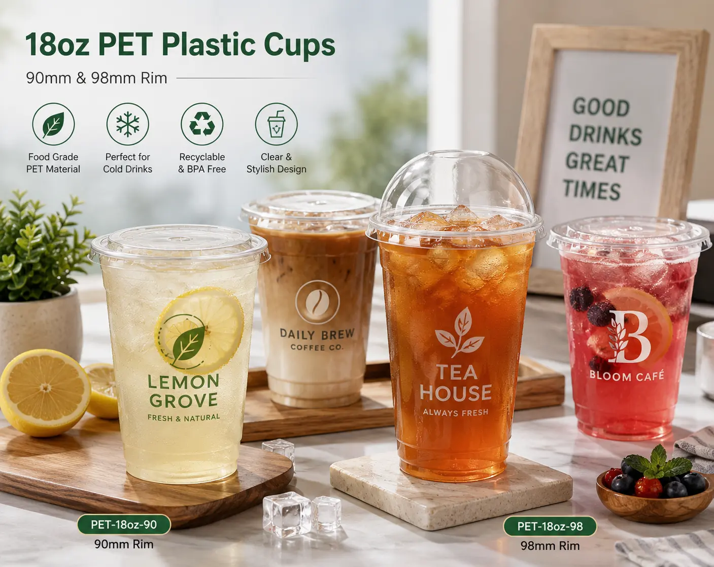 18oz transparent PET gobelets pour smoothies, thés aux perles et boissons fraîches