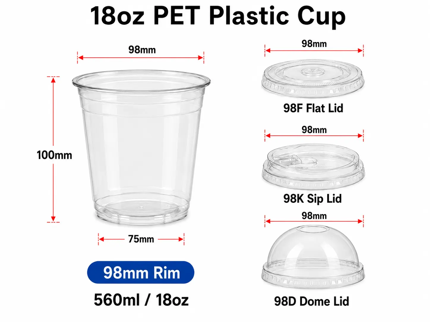 18oz 560ml gobelet en plastique transparent PET disponible avec une option de bec plat 98mm et un couvercle bombé