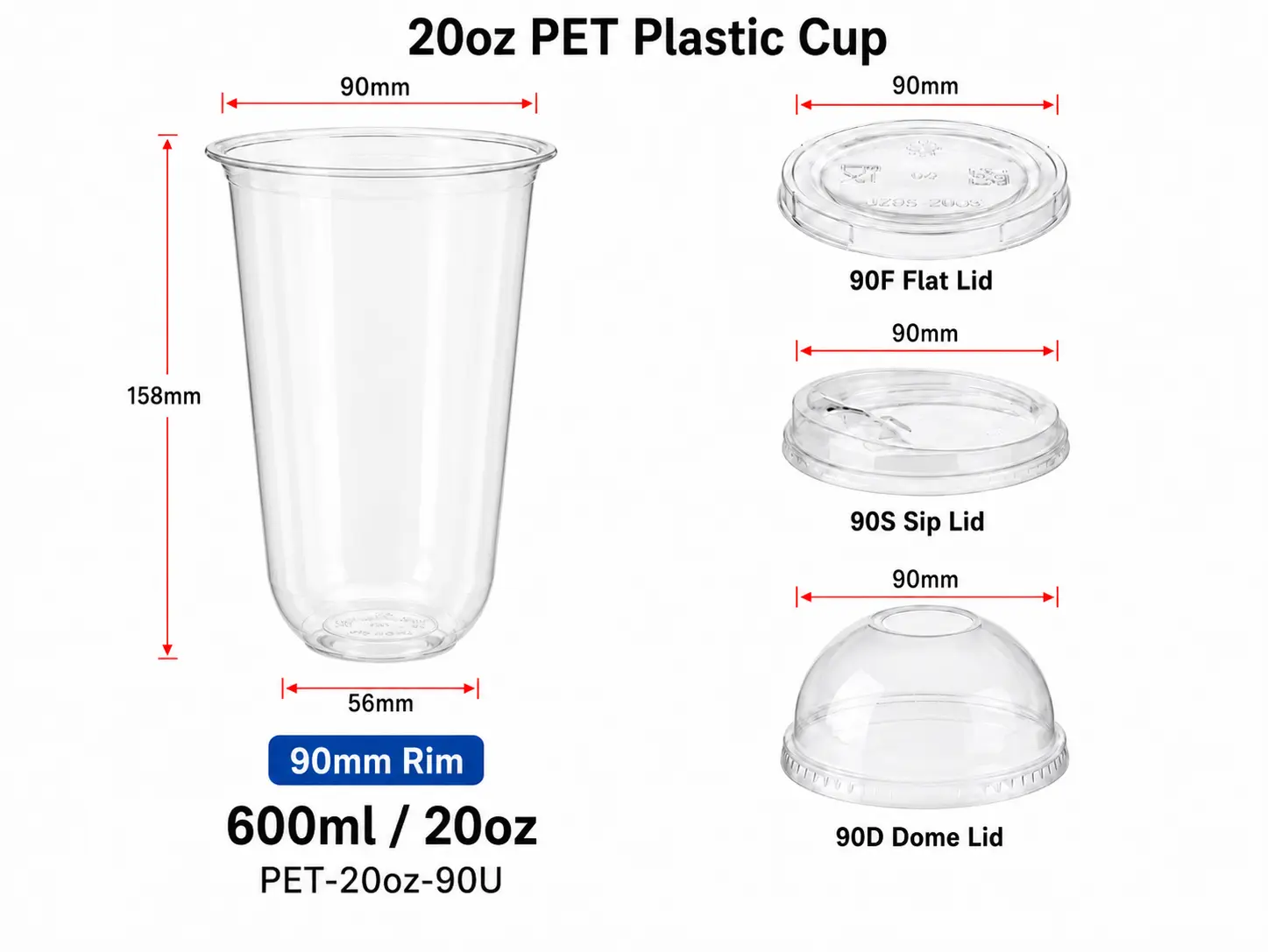 20oz 600ml trasparente PET U-shape tazza con 90mm coperchi