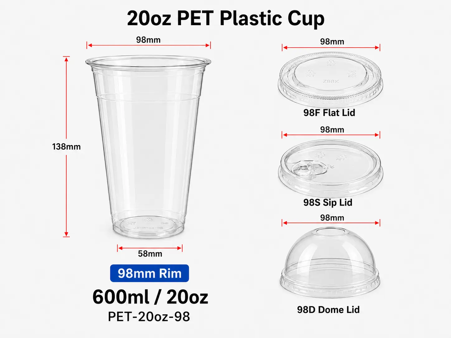 20oz 600ml trasparente PET tazza con coperchi abbinati 98mm