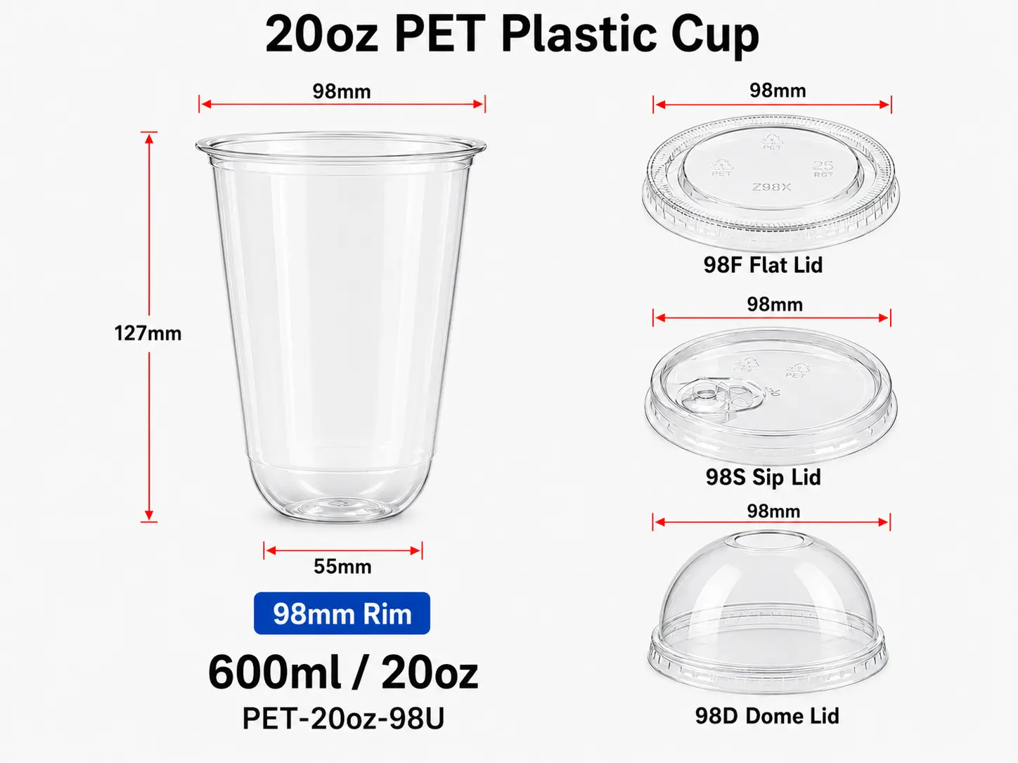 20oz 580ml trasparente PET U-shape tazza con 98mm coperchi