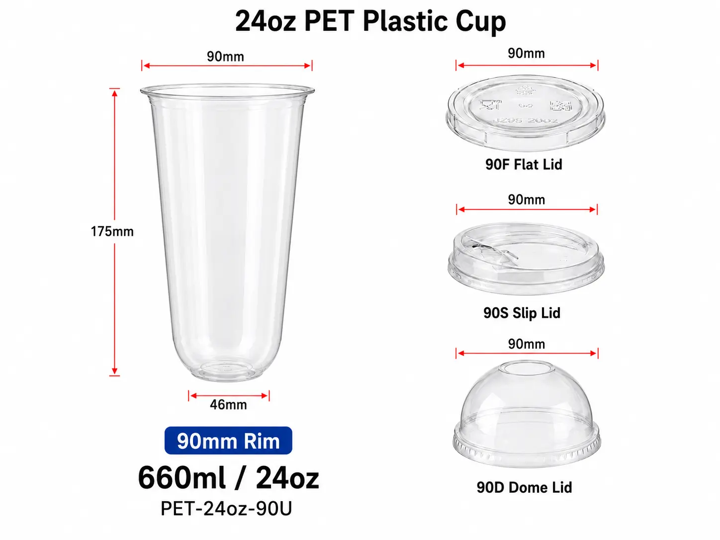 24oz 660ml trasparente PET U-shape tazza con 90mm coperchi