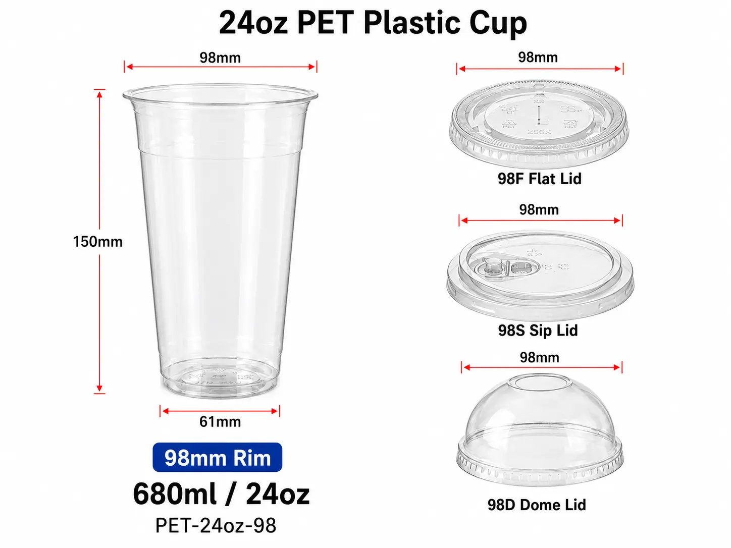 24oz 680ml trasparente PET tazza con 98mm coperchi piatti e a cupola