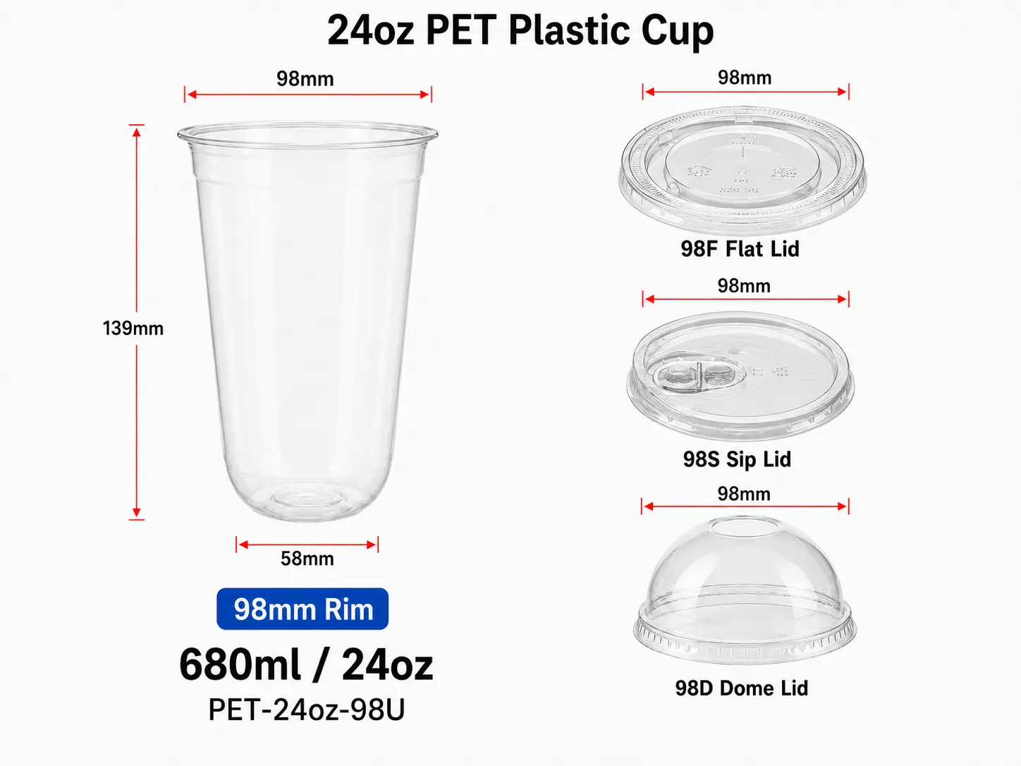24oz 680ml vuoto PET U-shape tazza con 98mm coperchi
