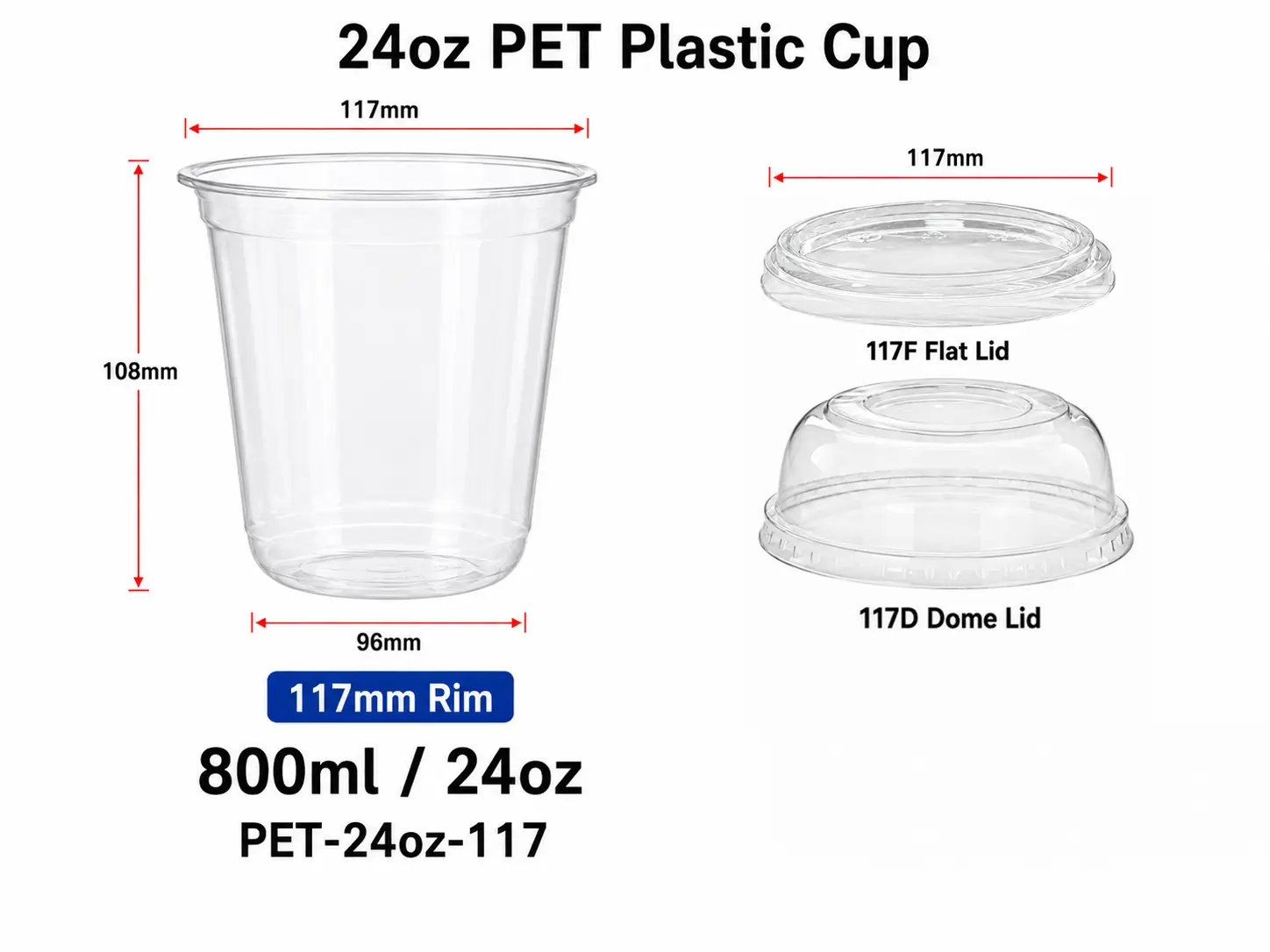 24oz 800ml a bocca larga trasparente PET tazza con coperchi 117mm