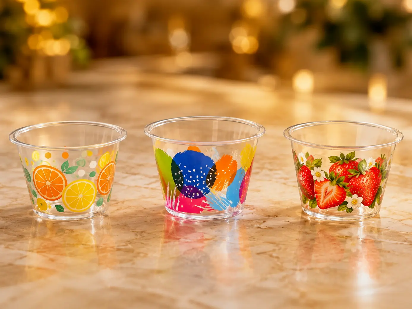 Custom printed clear PET sample cups for brand tasting and foodservice packaging