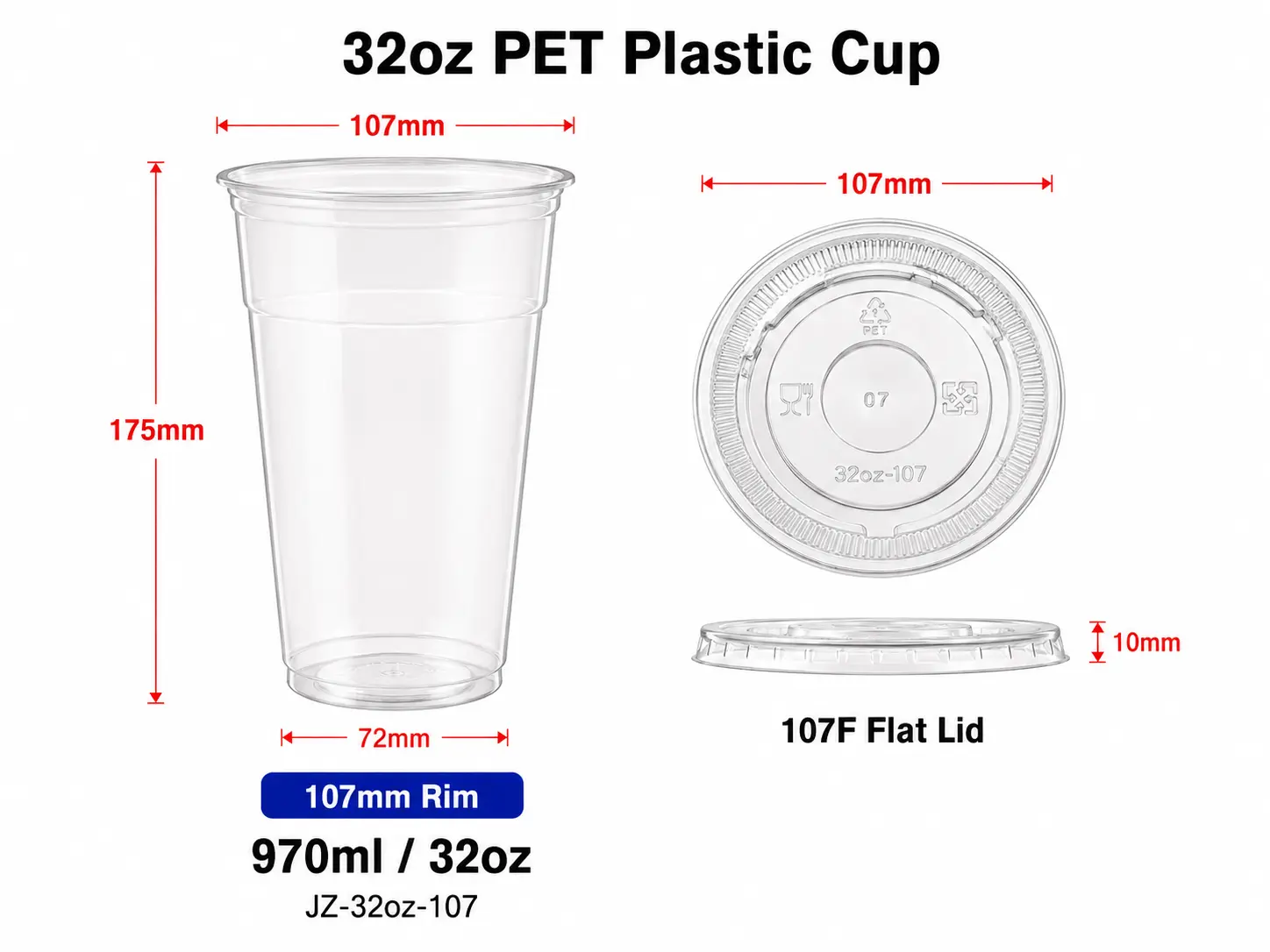 32oz 970ml hoher klarer PET Becher mit 107mm flachem Deckel
