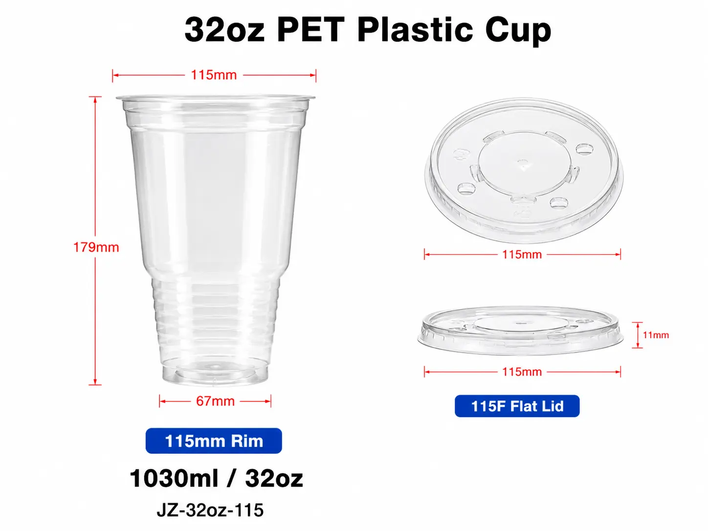 32oz 1030ml hoher klarer PET Becher mit 115mm flachem Deckel