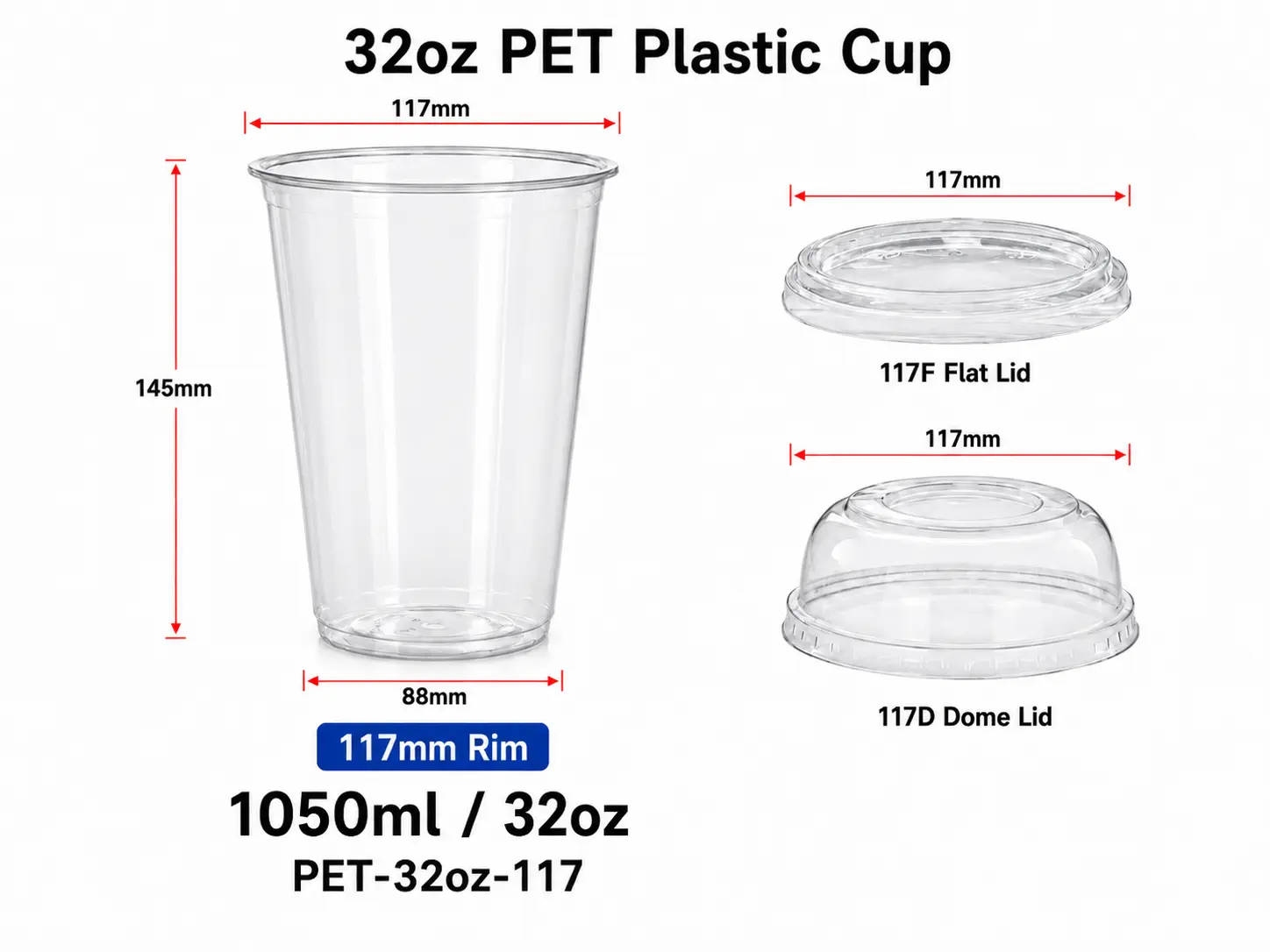 32oz 1050ml Weithals-Klarsicht-PET-Behälter mit 117mm Deckeln