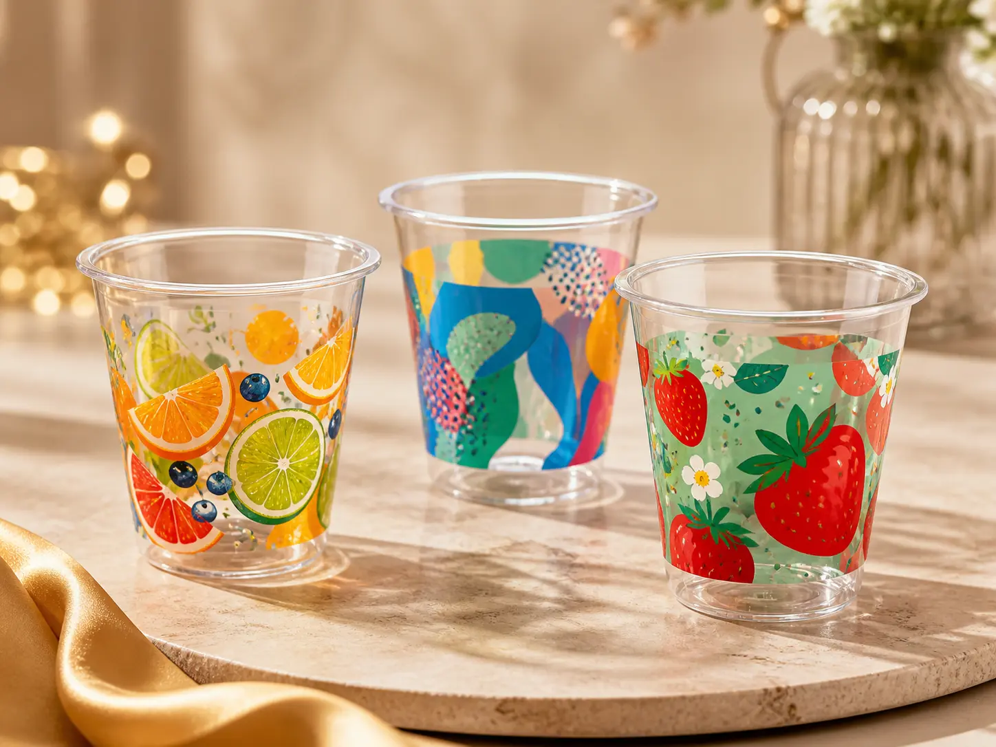 Custom printed clear PET sample cups for brand tasting and foodservice packaging