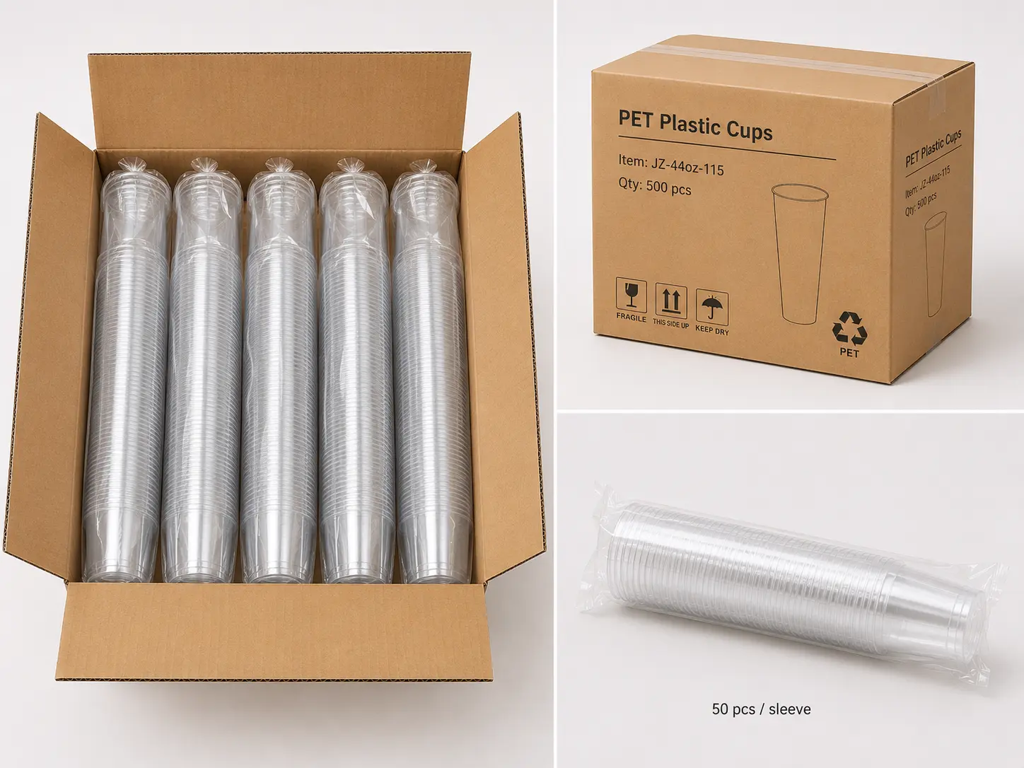 44oz PET cups carton and sleeve packing example