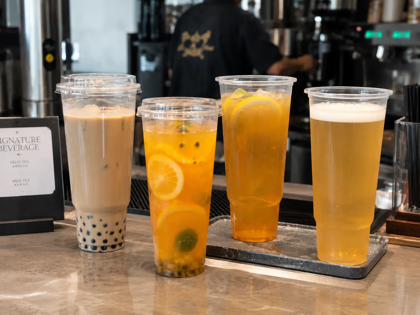 Jumbo clear PET cups used for fruit tea bubble tea and event drinks
