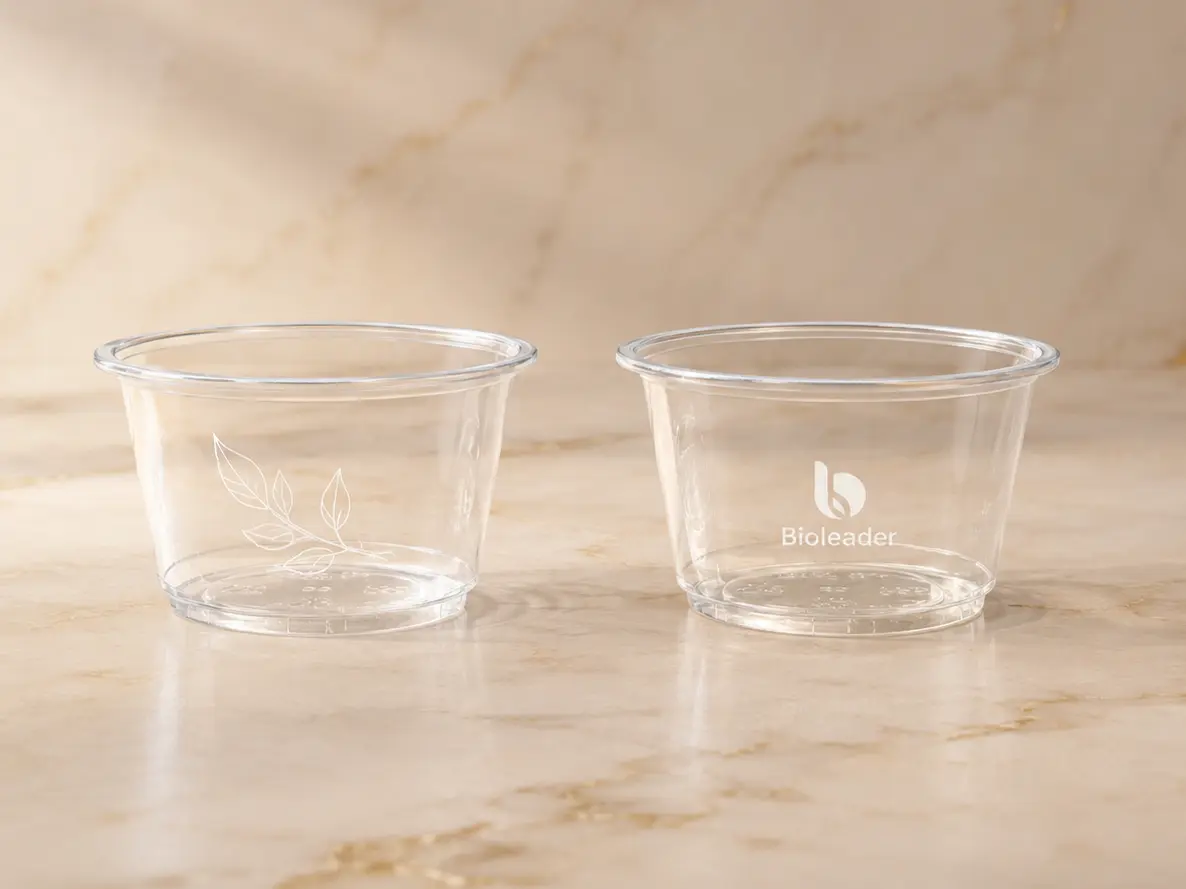 Custom printed PET portion cups in different sizes for cold foodservice applications