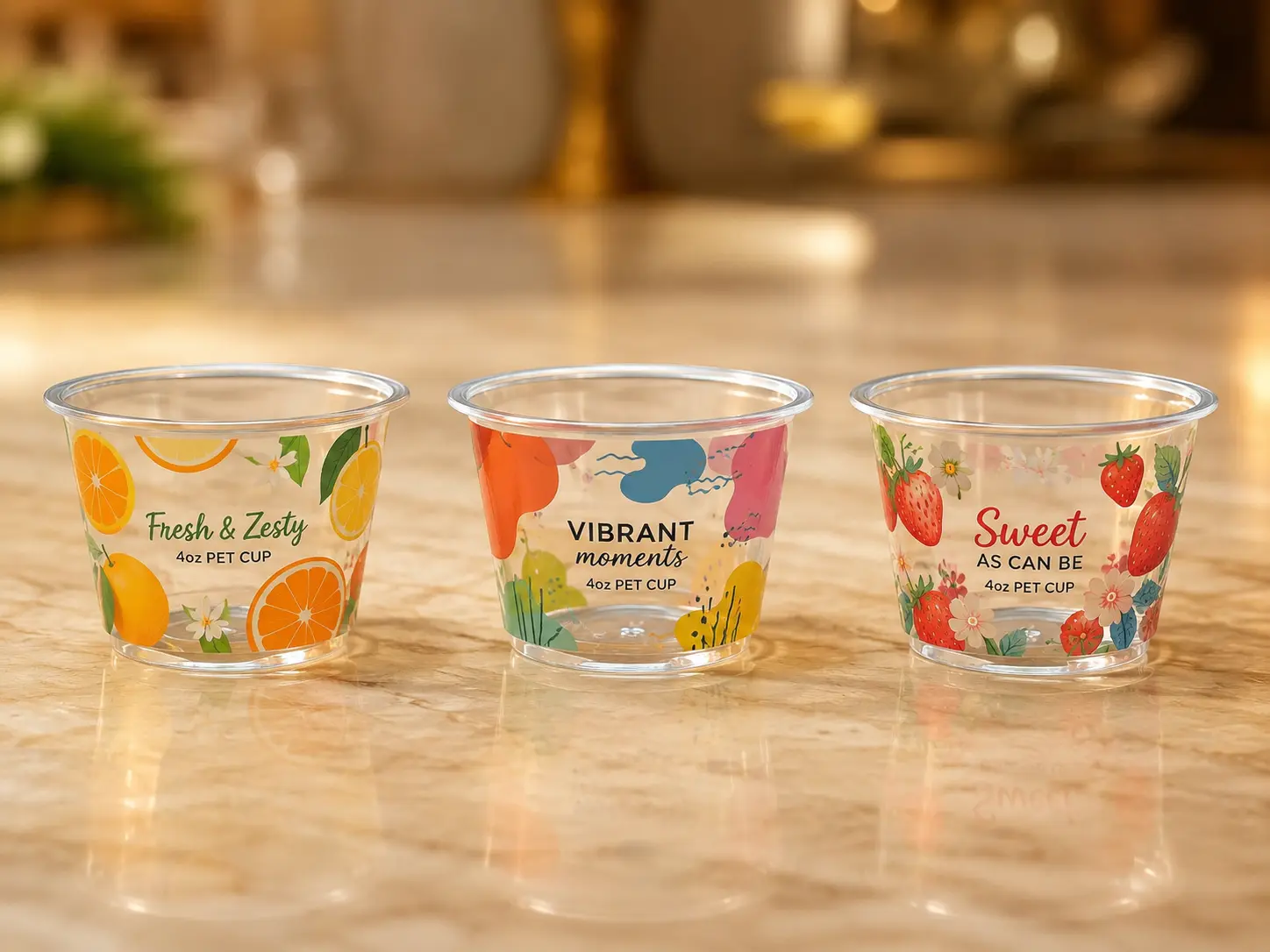 Custom printed clear PET portion cups for brand tasting and foodservice packaging