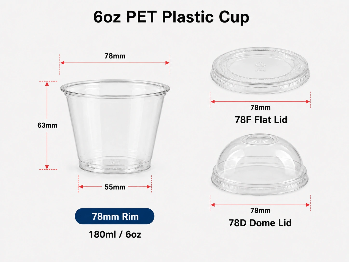 6oz 180ml clear PET disposable plastic cup with 78mm rim for cold drinks and foodservice packaging