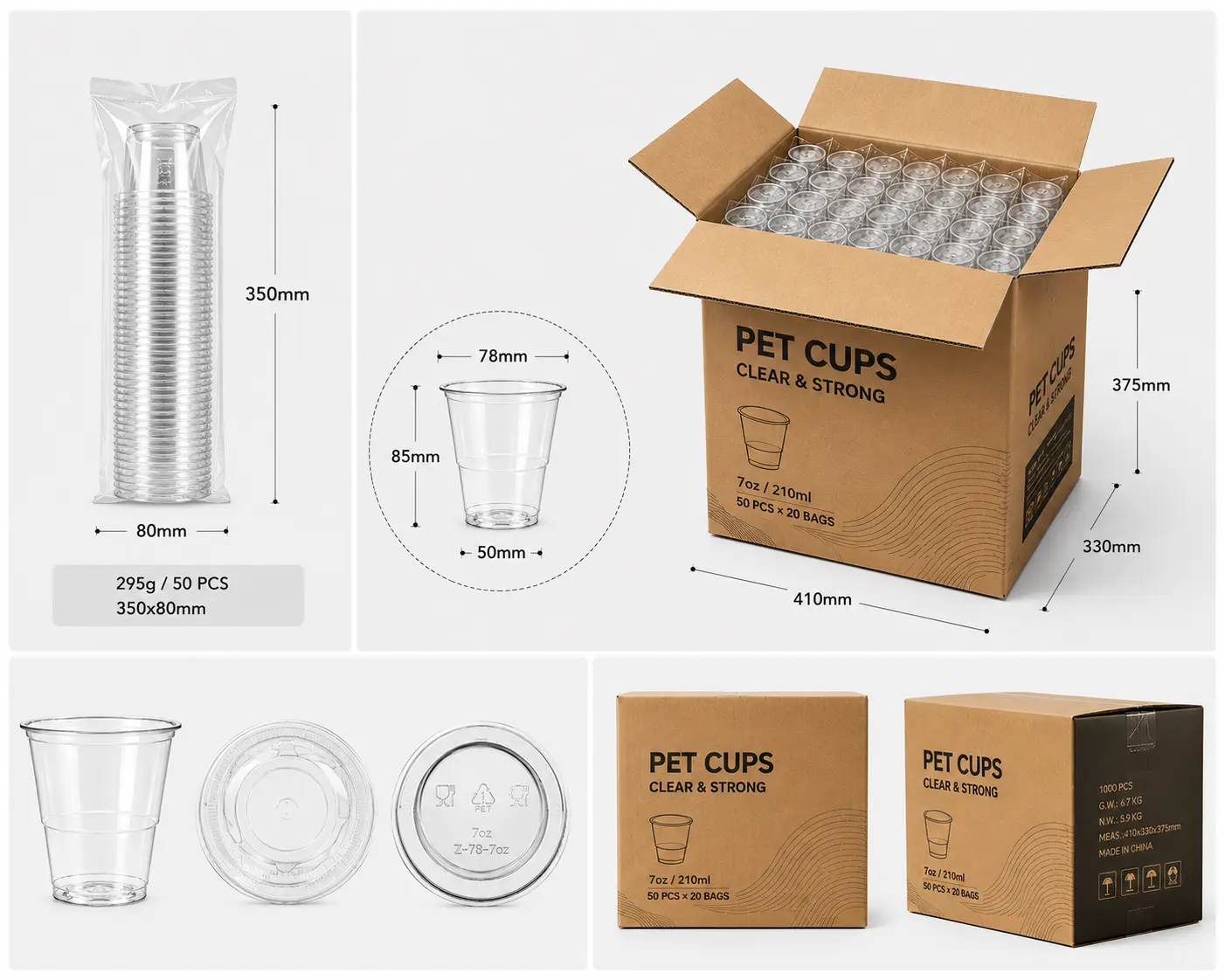 7oz PET Confezione in cartone per bicchieri da bevande fredde con 1000 pezzi per cartone