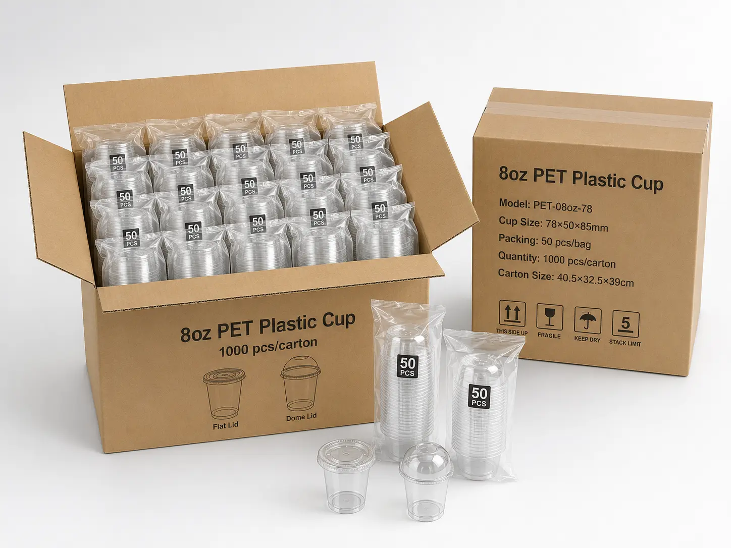 8oz PET Becher, Kartonverpackung und Exportverpackung, Verkaufsdisplay