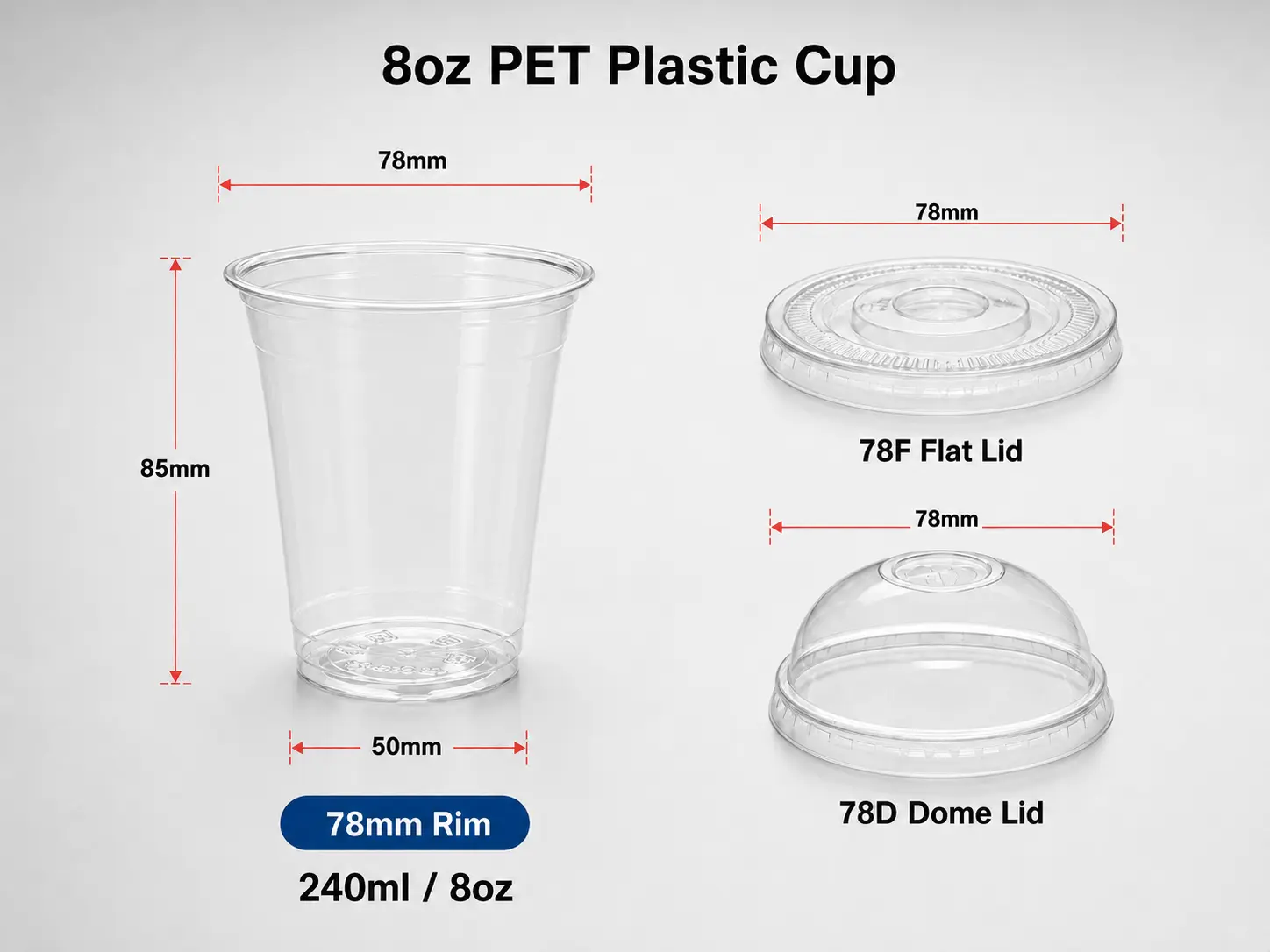 8oz 240ml clear PET disposable plastic cup with 78mm rim and matching flat dome lids