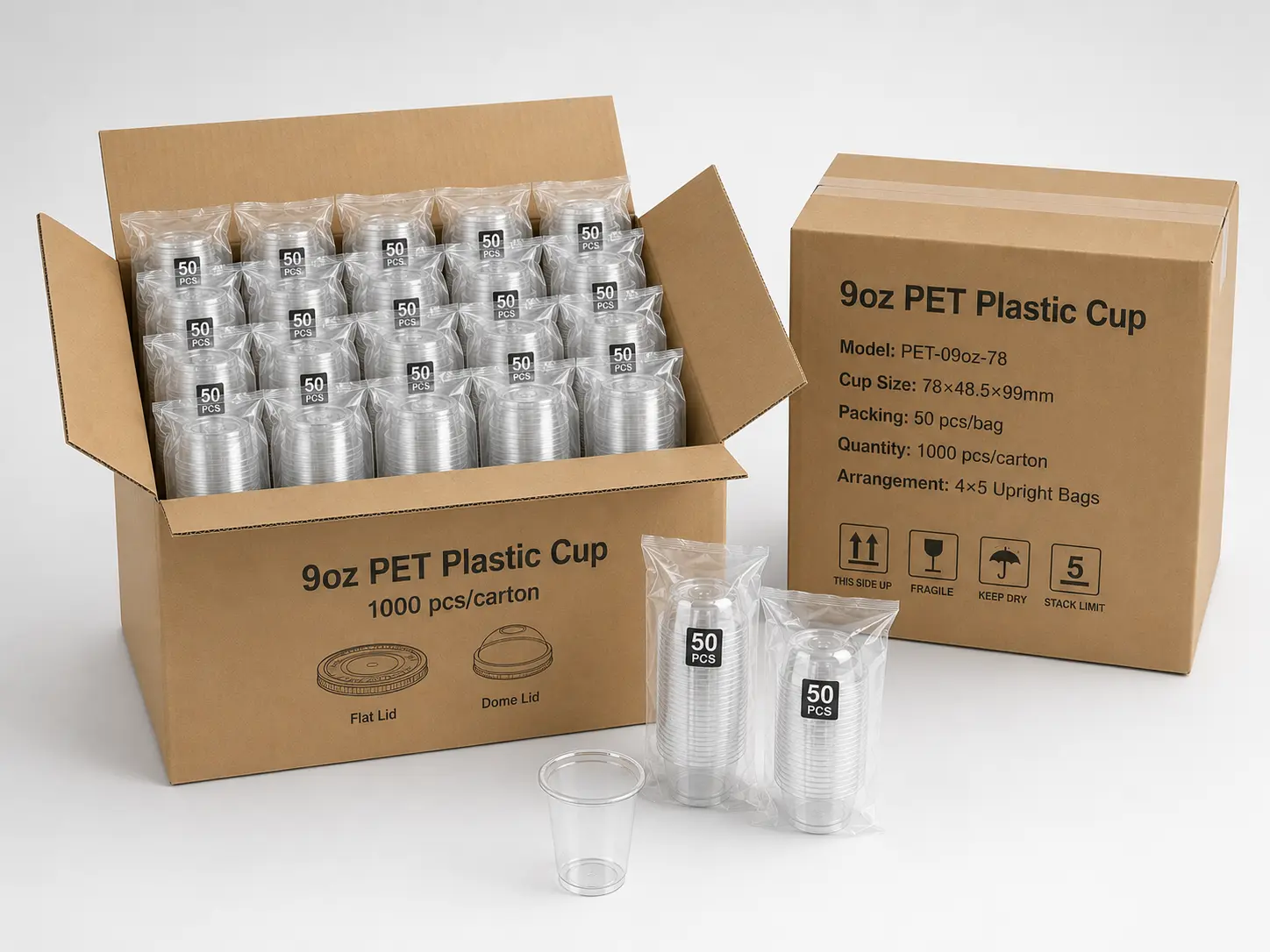 9oz PET Becher, Kartonverpackung und Exportverpackung, Verkaufsdisplay